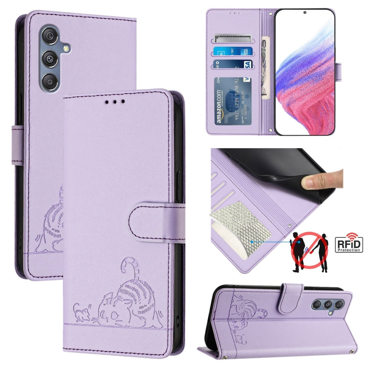 Custodia per telefono in pelle RFID con motivo gatto in rilievo con cordino, For Samsung Galaxy M34 5G/F34 5G, For Samsung Galaxy A25 5G Global, For Samsung Galaxy M54 5G Global/F54 5G, For Samsung Galaxy M14 5G Global