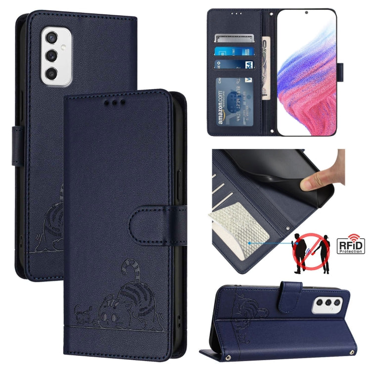 Custodia per telefono in pelle RFID con motivo gatto in rilievo con cordino, For Samsung Galaxy A03 164mm, For Samsung Galaxy A03 166mm, For Samsung Galaxy M52 5G, For Samsung Galaxy M32 4G Global/M22