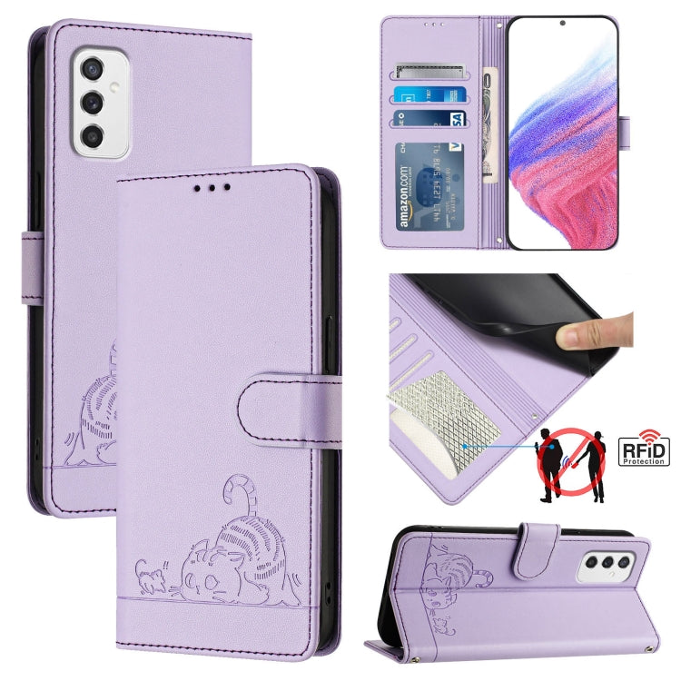 Custodia per telefono in pelle RFID con motivo gatto in rilievo con cordino, For Samsung Galaxy A03 164mm, For Samsung Galaxy A03 166mm, For Samsung Galaxy M52 5G, For Samsung Galaxy M32 4G Global/M22