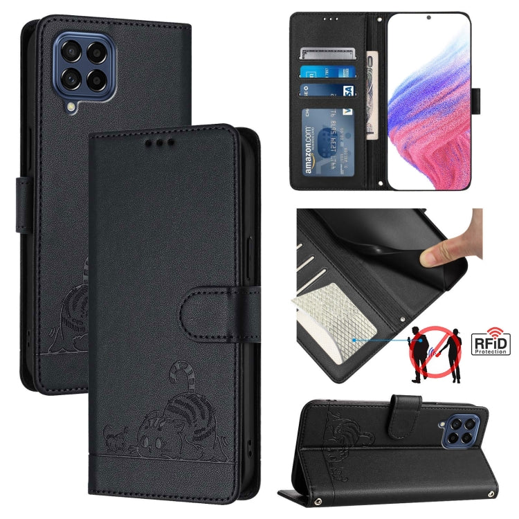 Custodia per telefono in pelle RFID con motivo gatto in rilievo con cordino, For Samsung Galaxy A13 5G/A13 4G/A04s, For Samsung Galaxy F23 5G/M13 4G, For Samsung Galaxy A22 5G/F42 5G, For Samsung Galaxy M53 5G