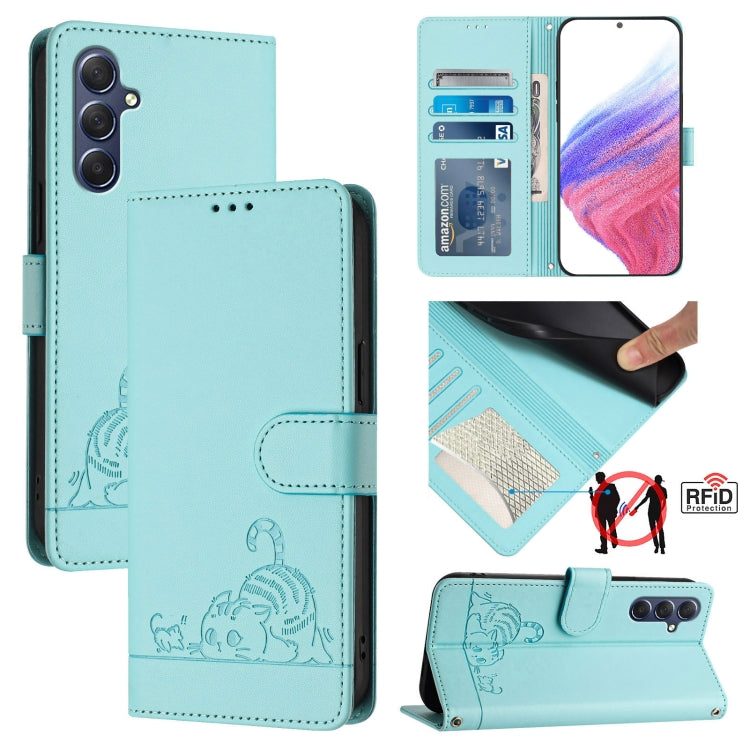 Custodia per telefono in pelle RFID con motivo gatto in rilievo con cordino, For Samsung Galaxy M34 5G/F34 5G, For Samsung Galaxy A25 5G Global, For Samsung Galaxy M54 5G Global/F54 5G, For Samsung Galaxy M14 5G Global