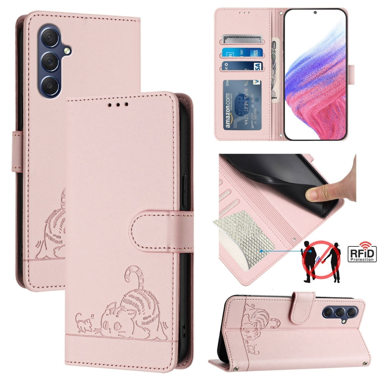 Custodia per telefono in pelle RFID con motivo gatto in rilievo con cordino, For Samsung Galaxy M34 5G/F34 5G, For Samsung Galaxy A25 5G Global, For Samsung Galaxy M54 5G Global/F54 5G, For Samsung Galaxy M14 5G Global