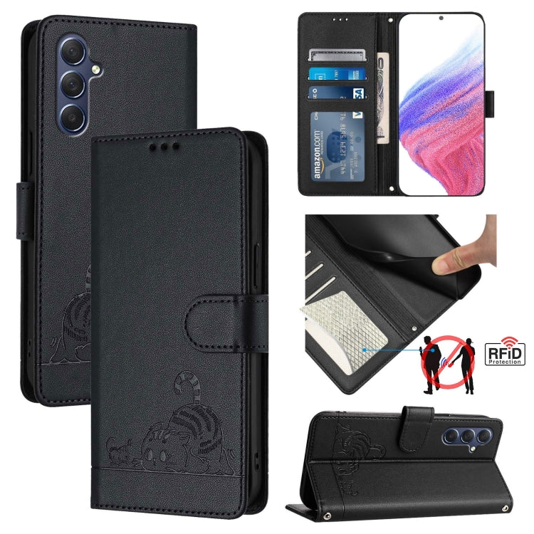Custodia per telefono in pelle RFID con motivo gatto in rilievo con cordino, For Samsung Galaxy M34 5G/F34 5G, For Samsung Galaxy A25 5G Global, For Samsung Galaxy M54 5G Global/F54 5G, For Samsung Galaxy M14 5G Global