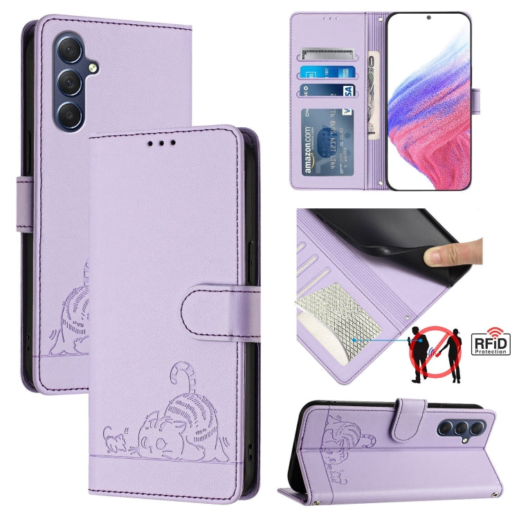Custodia per telefono in pelle RFID con motivo gatto in rilievo con cordino, For Samsung Galaxy M34 5G/F34 5G, For Samsung Galaxy A25 5G Global, For Samsung Galaxy M54 5G Global/F54 5G, For Samsung Galaxy M14 5G Global