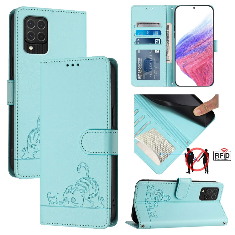 Custodia per telefono in pelle RFID con motivo gatto in rilievo con cordino, For Samsung Galaxy M62, For Samsung Galaxy A32 4G, For Samsung Galaxy A02/M02, For Samsung Galaxy A72 4G