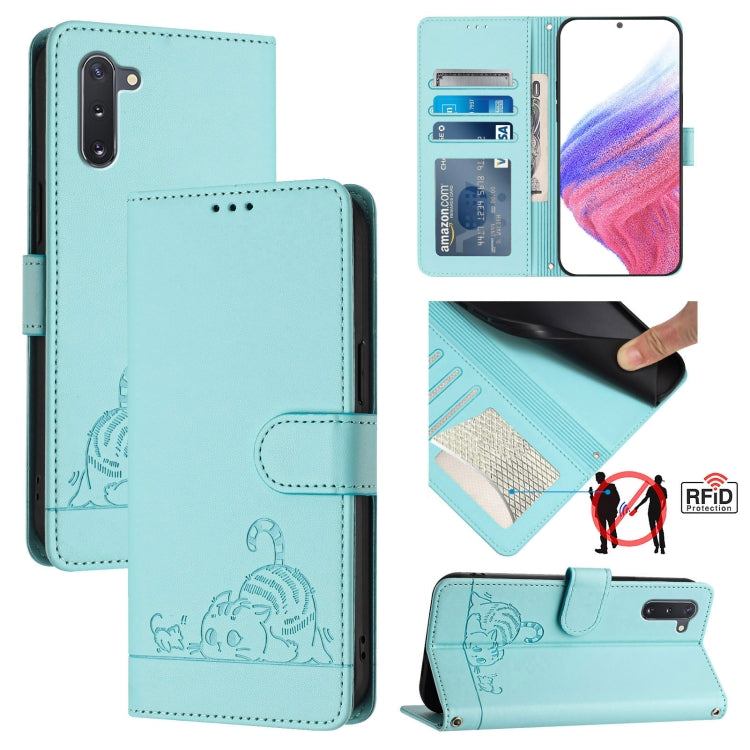 Custodia per telefono in pelle RFID con motivo gatto in rilievo con cordino, For Samsung Galaxy Note10, For Samsung Galaxy Note10+, For Samsung Galaxy Xcover 4/Xcover 4s, For Samsung Galaxy S10e