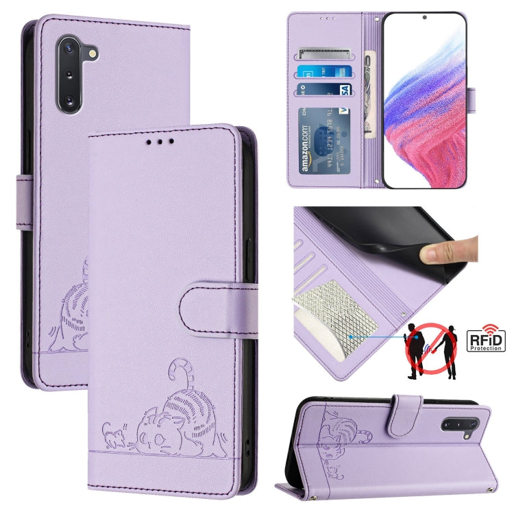 Custodia per telefono in pelle RFID con motivo gatto in rilievo con cordino, For Samsung Galaxy Note10, For Samsung Galaxy Note10+, For Samsung Galaxy Xcover 4/Xcover 4s, For Samsung Galaxy S10e