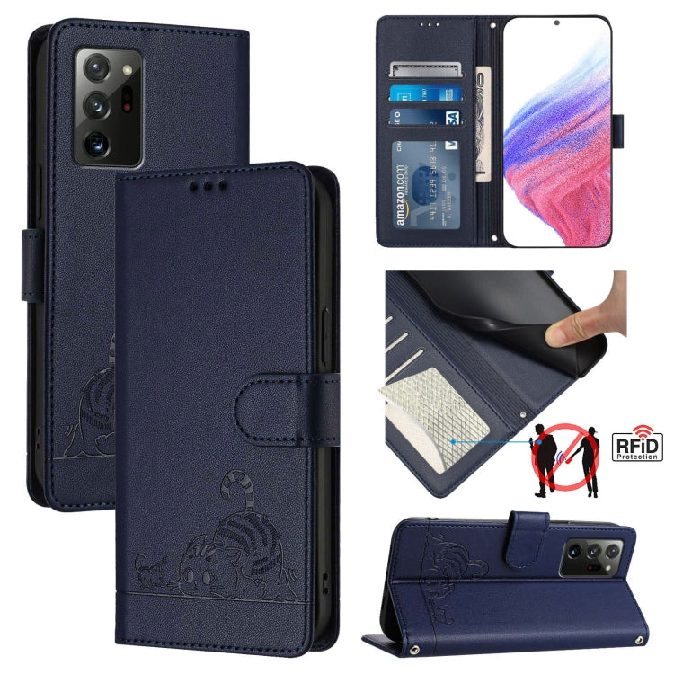 Custodia per telefono in pelle RFID con motivo gatto in rilievo con cordino, For Samsung Galaxy Note20, For Samsung Galaxy S20 Ultra, For Samsung Galaxy S20, For Samsung Galaxy S20+