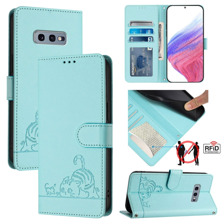 Custodia per telefono in pelle RFID con motivo gatto in rilievo con cordino, For Samsung Galaxy Note10, For Samsung Galaxy Note10+, For Samsung Galaxy Xcover 4/Xcover 4s, For Samsung Galaxy S10e