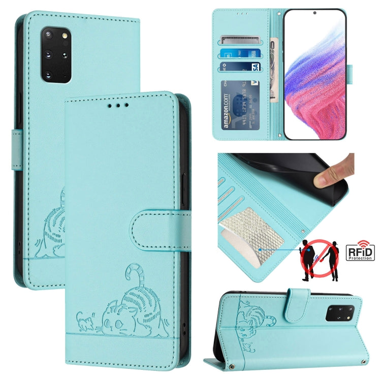 Custodia per telefono in pelle RFID con motivo gatto in rilievo con cordino, For Samsung Galaxy Note20, For Samsung Galaxy S20 Ultra, For Samsung Galaxy S20, For Samsung Galaxy S20+
