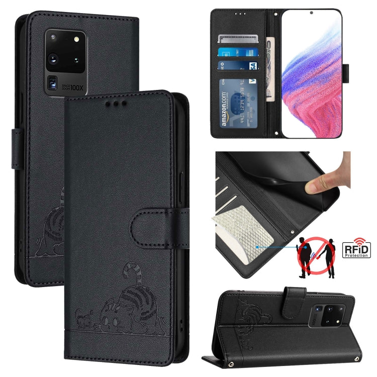 Custodia per telefono in pelle RFID con motivo gatto in rilievo con cordino, For Samsung Galaxy Note20, For Samsung Galaxy S20 Ultra, For Samsung Galaxy S20, For Samsung Galaxy S20+