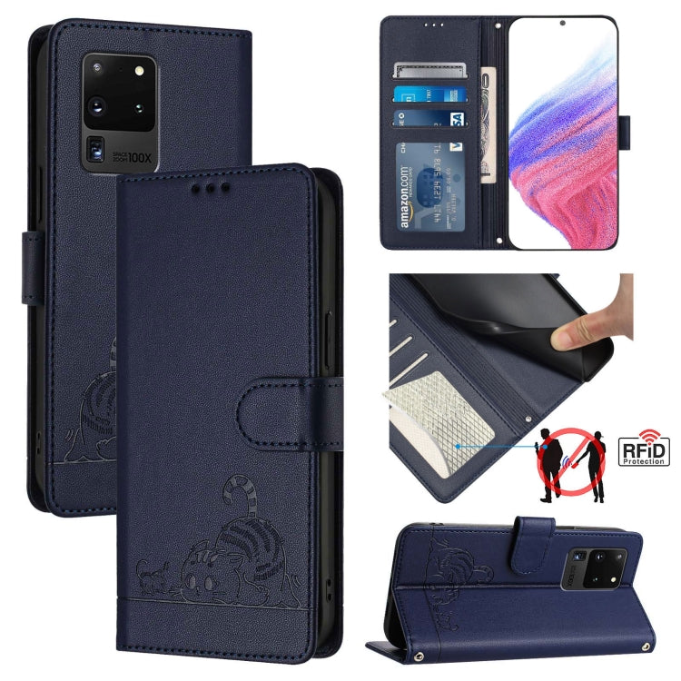 Custodia per telefono in pelle RFID con motivo gatto in rilievo con cordino, For Samsung Galaxy Note20, For Samsung Galaxy S20 Ultra, For Samsung Galaxy S20, For Samsung Galaxy S20+