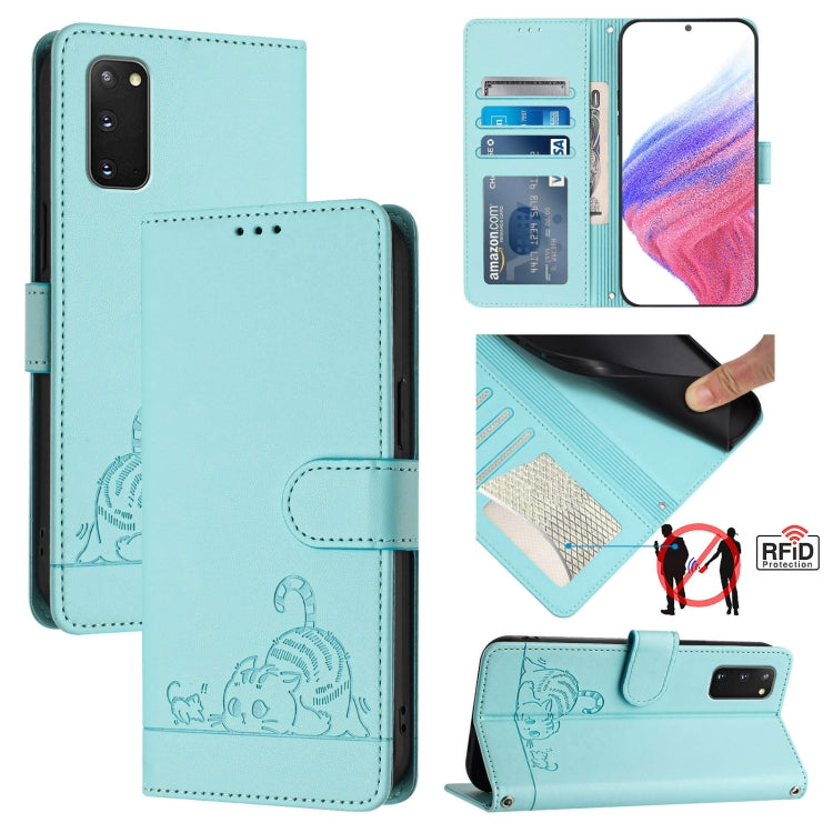 Custodia per telefono in pelle RFID con motivo gatto in rilievo con cordino, For Samsung Galaxy Note20, For Samsung Galaxy S20 Ultra, For Samsung Galaxy S20, For Samsung Galaxy S20+