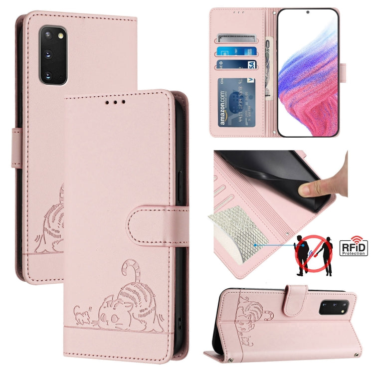 Custodia per telefono in pelle RFID con motivo gatto in rilievo con cordino, For Samsung Galaxy Note20, For Samsung Galaxy S20 Ultra, For Samsung Galaxy S20, For Samsung Galaxy S20+