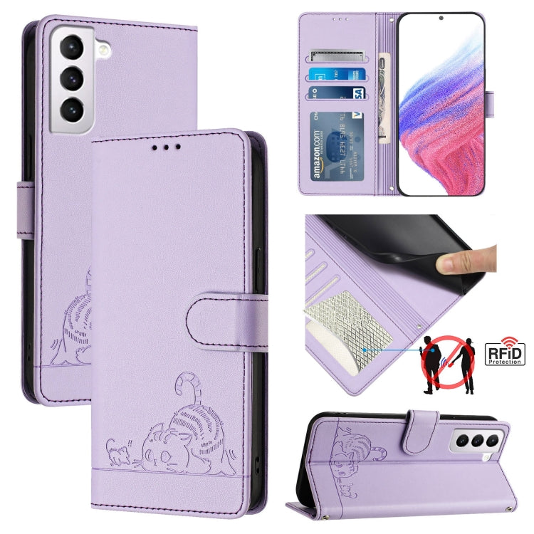 Custodia per telefono in pelle RFID con motivo gatto in rilievo con cordino, For Samsung Galaxy S21 5G, For Samsung Galaxy S21+ 5G, For Samsung Galaxy S21 Ultra 5G, For Samsung Galaxy Note20 Ultra