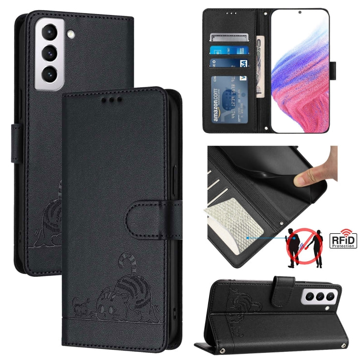 Custodia per telefono in pelle RFID con motivo gatto in rilievo con cordino, For Samsung Galaxy S21 5G, For Samsung Galaxy S21+ 5G, For Samsung Galaxy S21 Ultra 5G, For Samsung Galaxy Note20 Ultra