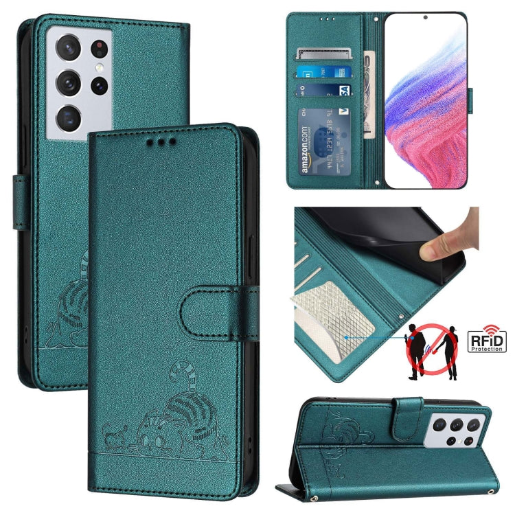 Custodia per telefono in pelle RFID con motivo gatto in rilievo con cordino, For Samsung Galaxy S21 5G, For Samsung Galaxy S21+ 5G, For Samsung Galaxy S21 Ultra 5G, For Samsung Galaxy Note20 Ultra