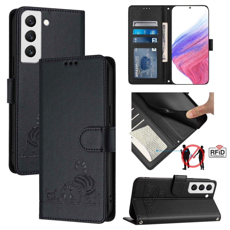 Custodia per telefono in pelle RFID con motivo gatto in rilievo con cordino, For Samsung Galaxy S22+ 5G, For Samsung Galaxy S22 5G, For Samsung Galaxy Xcover 5, For Samsung Galaxy S21 FE 5G