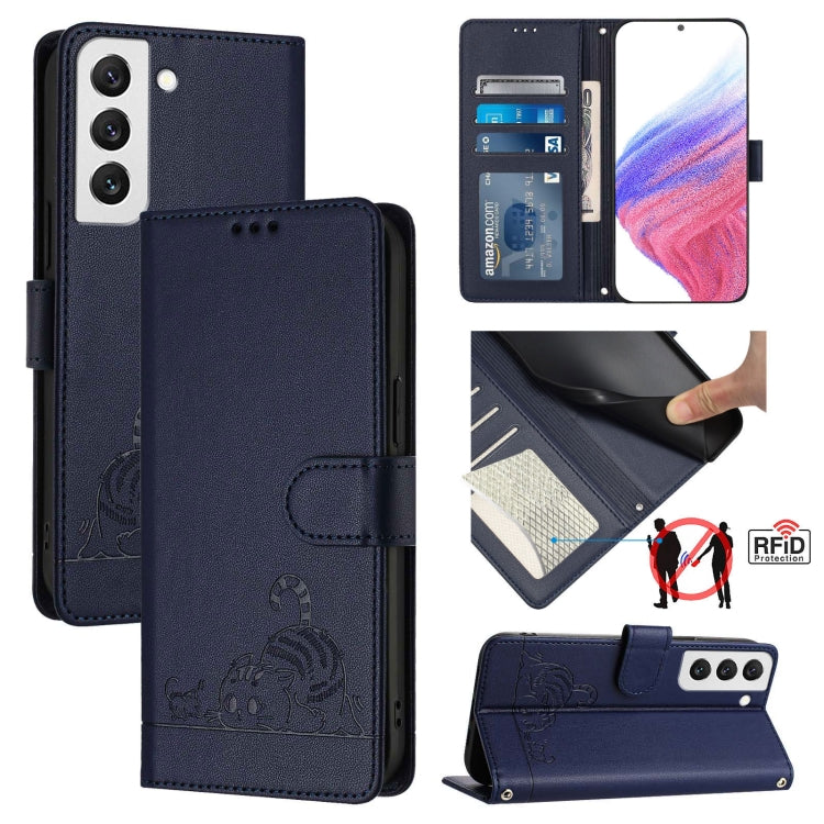 Custodia per telefono in pelle RFID con motivo gatto in rilievo con cordino, For Samsung Galaxy S22+ 5G, For Samsung Galaxy S22 5G, For Samsung Galaxy Xcover 5, For Samsung Galaxy S21 FE 5G