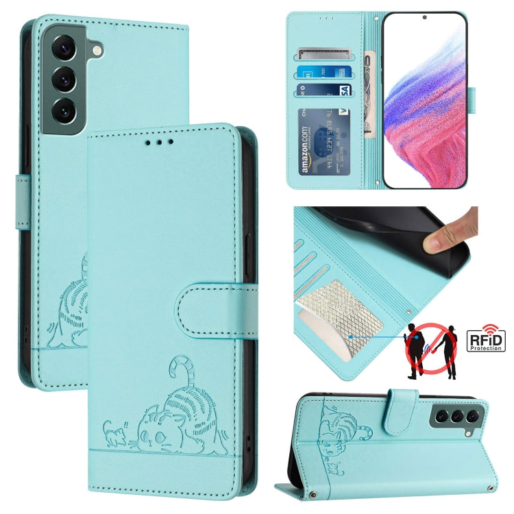 Custodia per telefono in pelle RFID con motivo gatto in rilievo con cordino, For Samsung Galaxy S22+ 5G, For Samsung Galaxy S22 5G, For Samsung Galaxy Xcover 5, For Samsung Galaxy S21 FE 5G