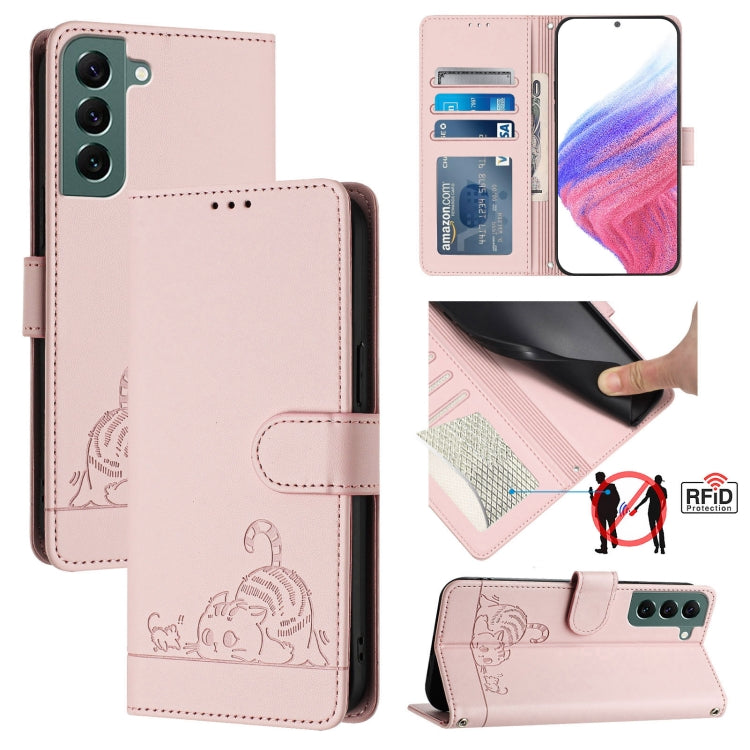 Custodia per telefono in pelle RFID con motivo gatto in rilievo con cordino, For Samsung Galaxy S22+ 5G, For Samsung Galaxy S22 5G, For Samsung Galaxy Xcover 5, For Samsung Galaxy S21 FE 5G