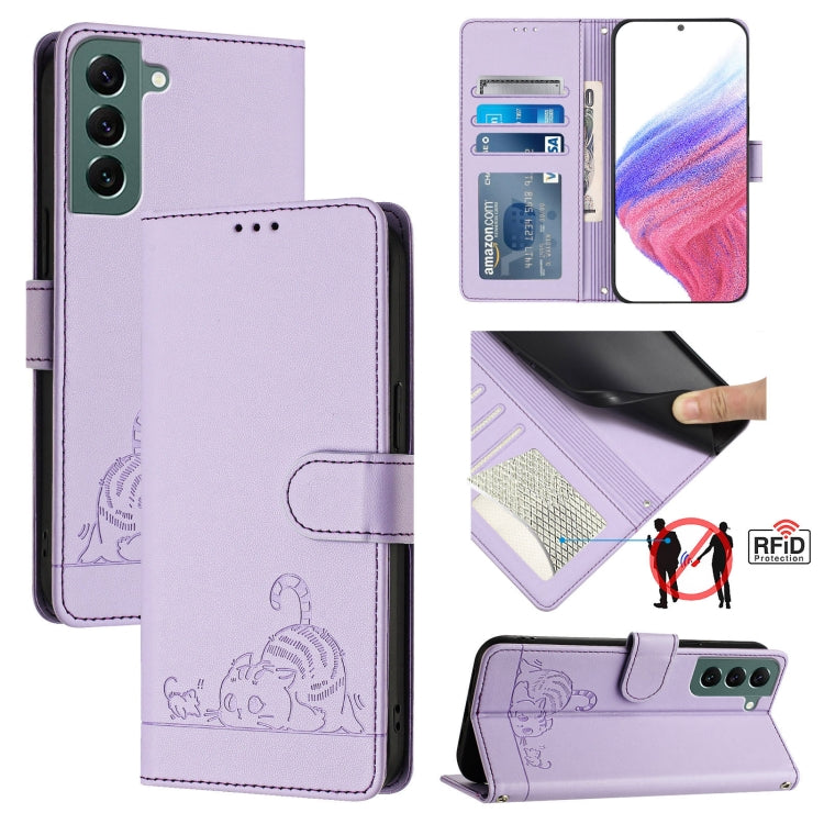 Custodia per telefono in pelle RFID con motivo gatto in rilievo con cordino, For Samsung Galaxy S22+ 5G, For Samsung Galaxy S22 5G, For Samsung Galaxy Xcover 5, For Samsung Galaxy S21 FE 5G