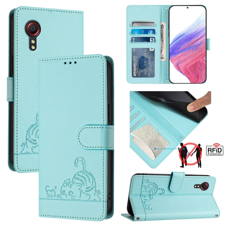 Custodia per telefono in pelle RFID con motivo gatto in rilievo con cordino, For Samsung Galaxy S22+ 5G, For Samsung Galaxy S22 5G, For Samsung Galaxy Xcover 5, For Samsung Galaxy S21 FE 5G