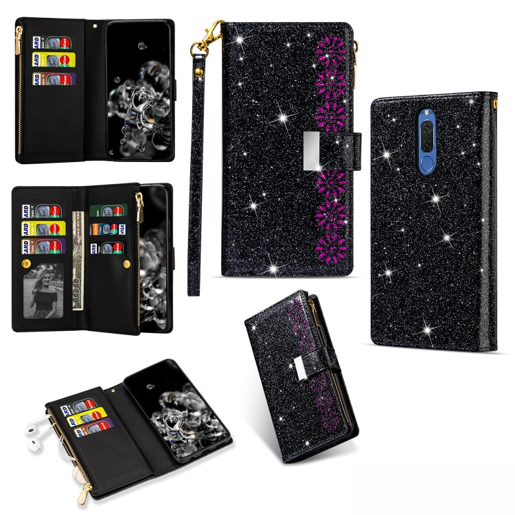 Scomparti multi-scheda Cielo stellato Intaglio laser Custodia in pelle con cerniera orizzontale con cerniera glitterata con supporto, portafoglio e cordino, For Huawei Mate 10 Lite, For Huawei Mate 10 Pro, For Huawei Mate 20, For Huawei Mate 20 lite