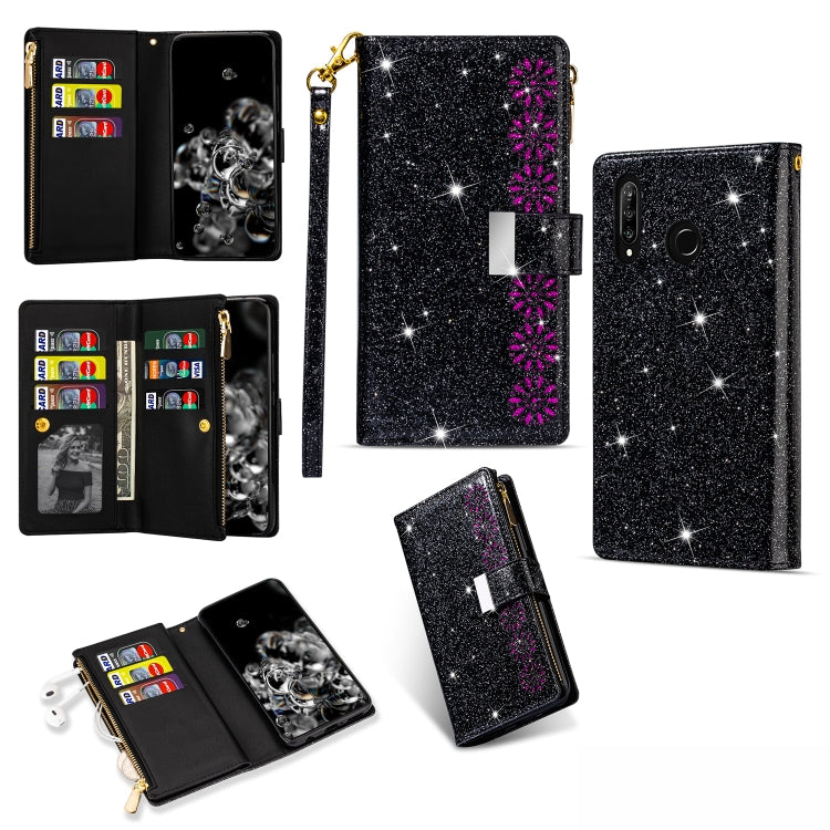 Scomparti multi-scheda Cielo stellato Intaglio laser Custodia in pelle con cerniera orizzontale con cerniera glitterata con supporto, portafoglio e cordino, For Huawei P30 lite, For Huawei P30 Pro, For Huawei P40 lite, For Huawei P40