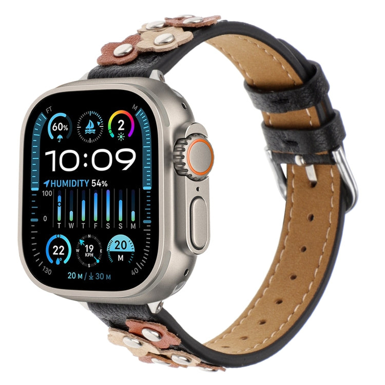 Cinturino per orologio in pelle con fiori cuciti, For Apple Watch SE 2023 44mm, For Apple Watch SE 2023 40mm, For Apple Watch Ultra 2 49mm, For Apple Watch Series 9 45mm, For Apple Watch Series 9 41mm, For Apple Watch Ultra 49mm                        ...