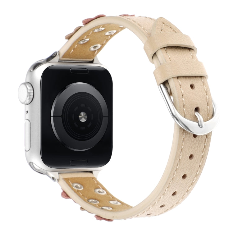 Cinturino per orologio in pelle con fiori cuciti, For Apple Watch Series 5 44mm, For Apple Watch Series 5 40mm, For Apple Watch Series 4 44mm, For Apple Watch Series 4 40mm, For Apple Watch Series 3 38mm, For Apple Watch Series 3 42mm                  ...