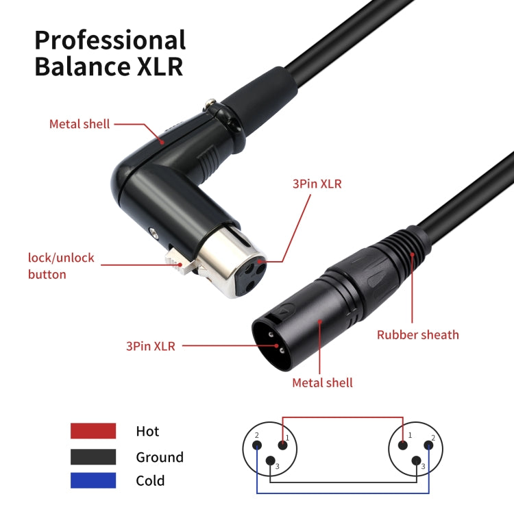 XK041L Cavo audio XLR maschio dritto a gomito femmina a 3 pin, 0.3m, 1m, 2m, 3m, 5m, 10m