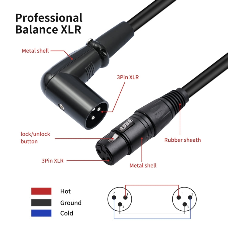 XK042L Cavo audio XLR femmina dritto a gomito maschio a 3 pin, 0.3m, 1m, 2m, 3m, 5m, 10m