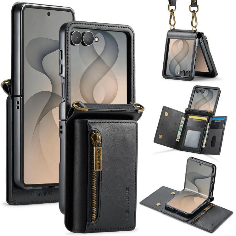 Custodia per telefono in pelle staccabile multischeda con cerniera RFID serie DG.MING M5 con cordino lungo, For Galaxy Z Flip8 5G, For Samsung Galaxy Z Flip7 5G, For Samsung Galaxy Z Flip6, For Samsung Galaxy Z Flip5 5G