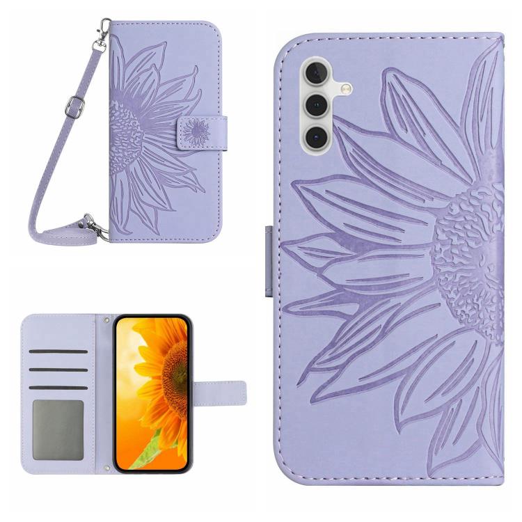 Custodia per cellulare in pelle con motivo Sun Flower goffrato Skin Feel con cordino, For Galaxy S26 FE 5G, For Samsung Galaxy S25 FE 5G