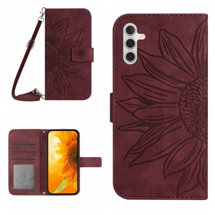 Custodia per cellulare in pelle con motivo Sun Flower goffrato Skin Feel con cordino, For Galaxy S26 FE 5G, For Samsung Galaxy S25 FE 5G