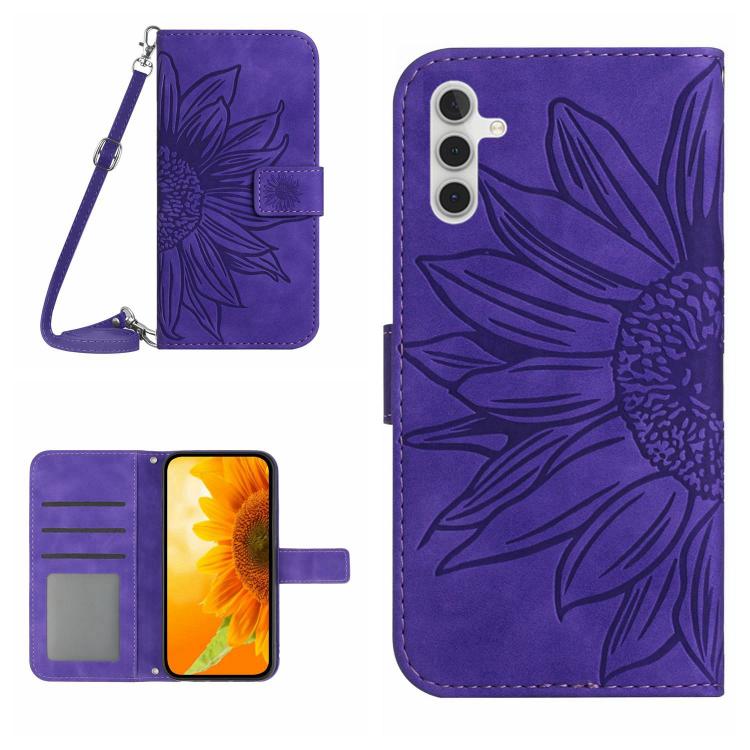Custodia per cellulare in pelle con motivo Sun Flower goffrato Skin Feel con cordino, For Galaxy S26 FE 5G, For Samsung Galaxy S25 FE 5G