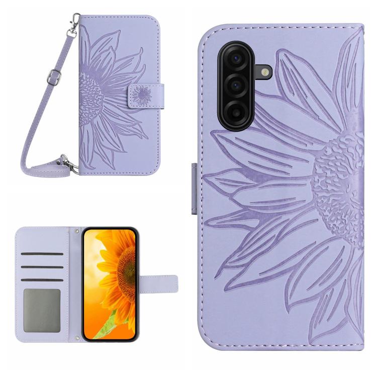 Custodia per cellulare in pelle con motivo Sun Flower goffrato Skin Feel con cordino, For Galaxy S26 FE 5G, For Samsung Galaxy S25 FE 5G
