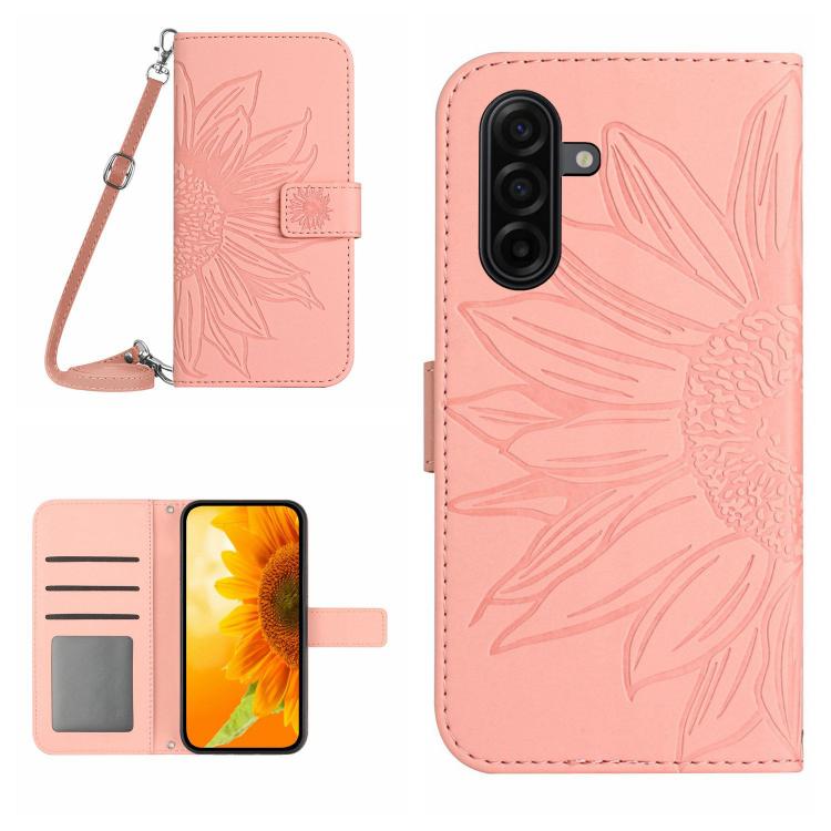Custodia per cellulare in pelle con motivo Sun Flower goffrato Skin Feel con cordino, For Galaxy S26 FE 5G, For Samsung Galaxy S25 FE 5G