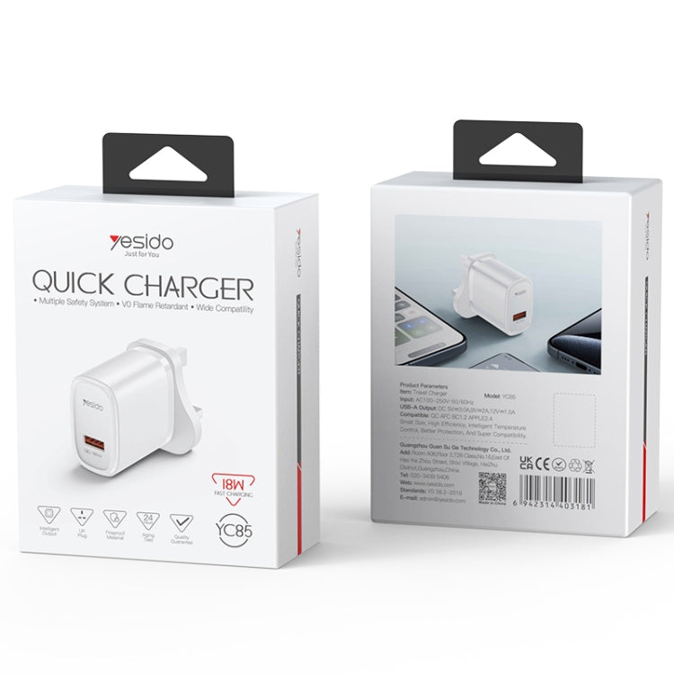 Caricabatterie rapido USB Yesido YC85 PD 18W
