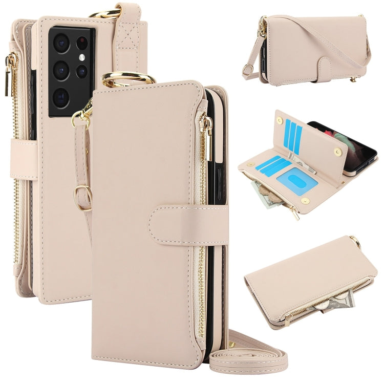 Custodia per telefono in pelle a portafoglio multifunzionale con anello a tracolla, For Samsung Galaxy S21 Ultra 5G