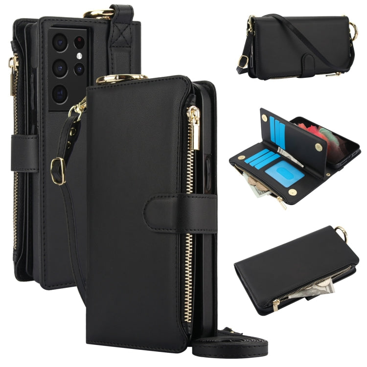 Custodia per telefono in pelle a portafoglio multifunzionale con anello a tracolla, For Samsung Galaxy S21 Ultra 5G