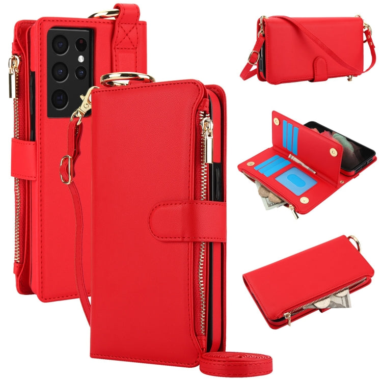 Custodia per telefono in pelle a portafoglio multifunzionale con anello a tracolla, For Samsung Galaxy S21 Ultra 5G