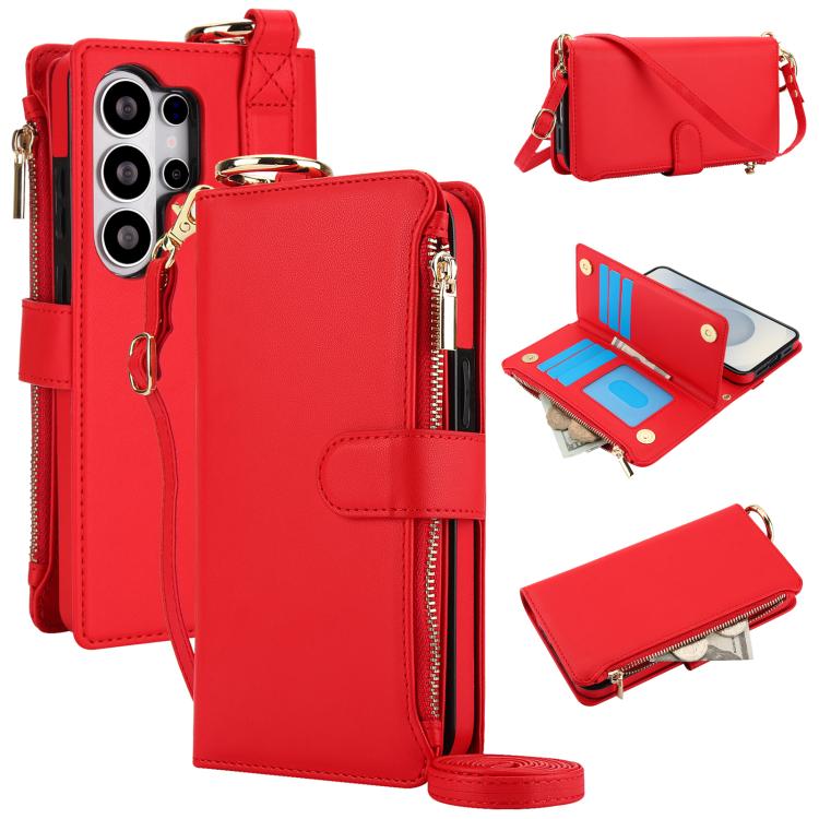 Custodia per telefono in pelle a portafoglio multifunzionale con anello a tracolla, For Samsung Galaxy S26+ 5G, For Samsung Galaxy S26 Ultra 5G, For Samsung Galaxy S26 5G