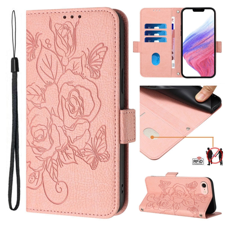 Custodia per telefono antifurto in pelle RFID rosa goffrata, For iPhone 14 Pro Max, For iPhone SE 2022 / SE 2020 / 8 / 7, For iPhone 13 Pro Max, For iPhone 13 Pro