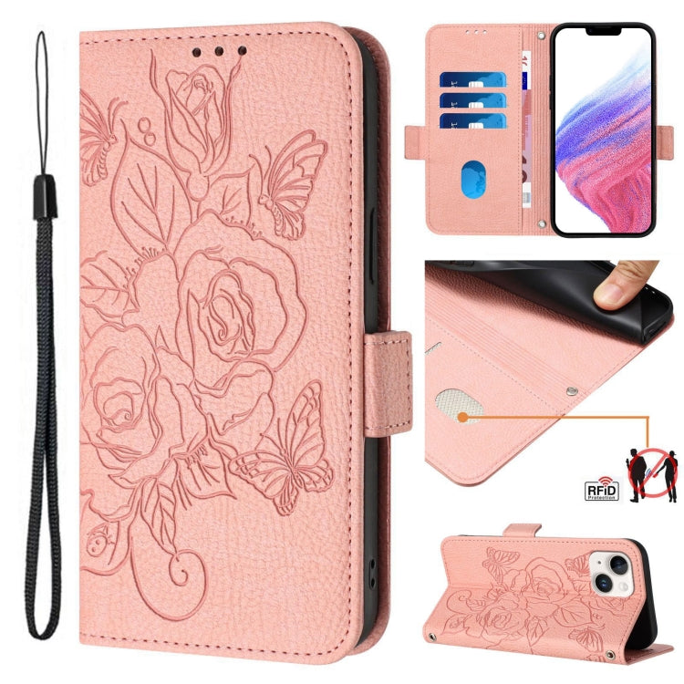Custodia per telefono antifurto in pelle RFID rosa goffrata, For iPhone 15, For iPhone 14 Plus, For iPhone 14 / 13, For iPhone 14 Pro