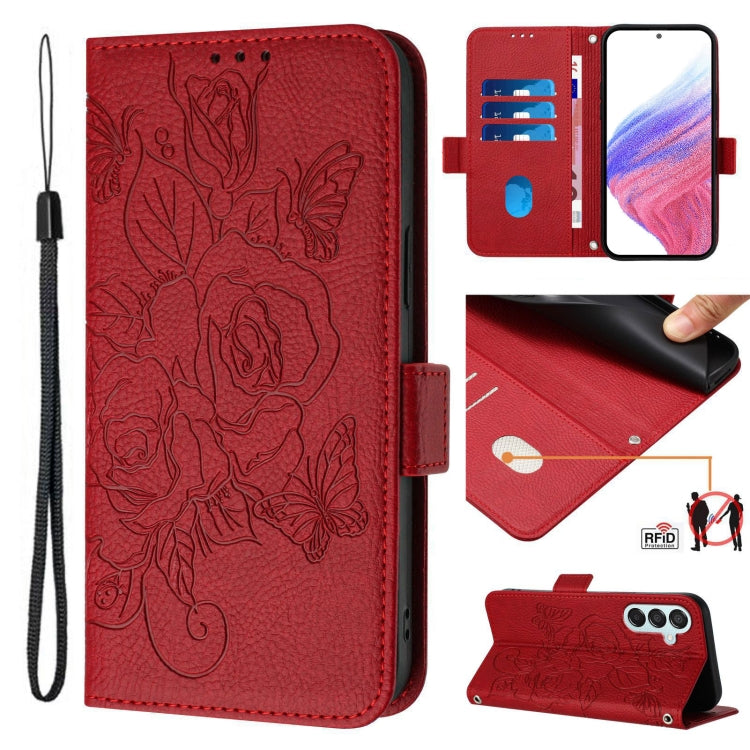 Custodia antifurto RFID in pelle con motivo a rosa in rilievo per telefono, For Samsung Galaxy M55 / C55 5G, For Samsung Galaxy XCover7 Pro, For Samsung Galaxy M15 5G / F15 5G Global, For Samsung Galaxy Xcover7
