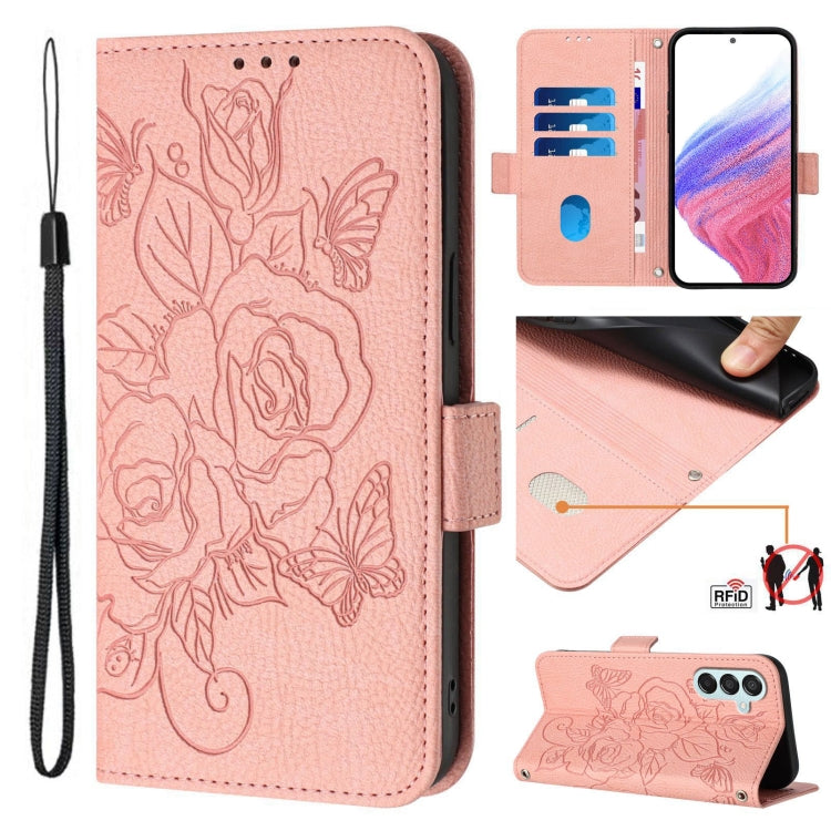 Custodia antifurto RFID in pelle con motivo a rosa in rilievo per telefono, For Samsung Galaxy M55 / C55 5G, For Samsung Galaxy XCover7 Pro, For Samsung Galaxy M15 5G / F15 5G Global, For Samsung Galaxy Xcover7