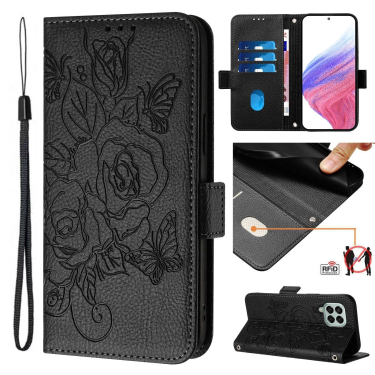 Custodia antifurto RFID in pelle con motivo a rosa in rilievo per telefono, For Samsung Galaxy M53 5G, For Samsung Galaxy M33 5G Global, For Samsung Galaxy M52 5G, For Samsung Galaxy M32 4G Global / M22