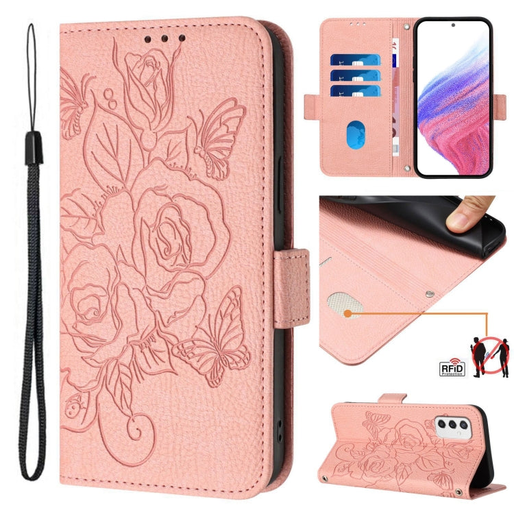 Custodia antifurto RFID in pelle con motivo a rosa in rilievo per telefono, For Samsung Galaxy M53 5G, For Samsung Galaxy M33 5G Global, For Samsung Galaxy M52 5G, For Samsung Galaxy M32 4G Global / M22